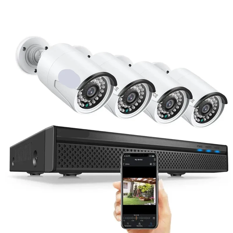Beveiligingscamerasysteem - 5MP - Openlucht- Bewakingscamera - Beveiligingscamera - IP66 Waterdichte - met 8-Kanaals NVR – Complete IP Camera Surveillance Kit voor Buiten - 2TB HDD - 4 Stuks - Wit