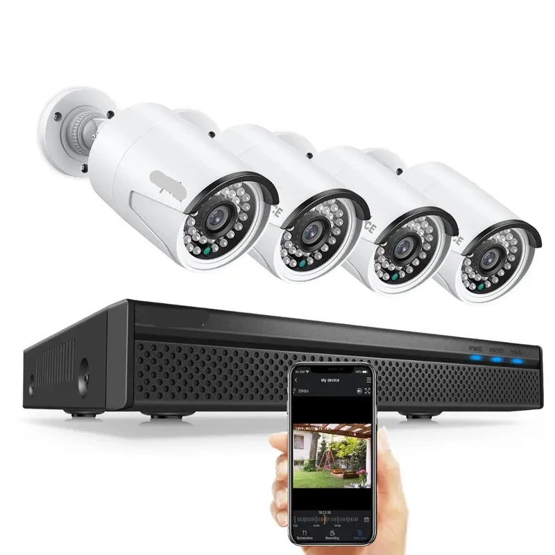 Beveiligingscamerasysteem - 5MP - Openlucht- Bewakingscamera - Beveiligingscamera - IP66 Waterdichte - met 8-Kanaals NVR – Complete IP Camera Surveillance Kit voor Buiten - 1TB HDD - 4 Stuks - Wit