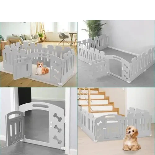 Hondenren - Puppyren - Konijnenren - Konijnenhok - van Gerecycled Kunststof - H60cm - 3/5/7+1 Panelen met Deur – Voor Binnen en Buiten - Lichtgrijs