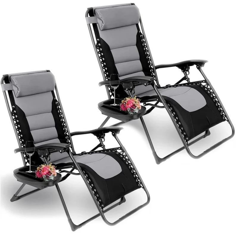 Verstelbare Ligbed met Kussen - Ligstoel - Tuinstoel - Campingstoel - Strandstoel - Lounger - Ondersteunt 160kg - Opvouwbaar - Padded Zero Gravity Lounge Stoelen - Set van 2 Ligstoelen - Grijs