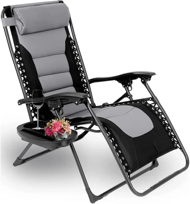 Verstelbare Ligbed met Kussen - Ligstoel - Tuinstoel - Campingstoel - Strandstoel - Lounger - Ondersteunt 160kg - Opvouwbaar - Padded Zero Gravity Lounge Stoelen - 1 Stuk - Grijs