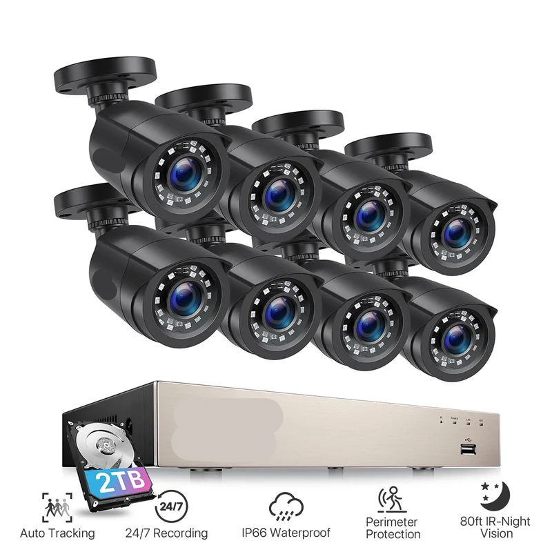 Beveiligingscamerasysteem - CCTV Camerasysteem - 265+ 5MP Lite DVR - 8-Kanaals - Openlucht- IP66 Waterdichte - Bewakingscamera - Beveiligingscamera - 1080p Camera – Nachtzicht – Complete Video Surveillance Kit - 1TB Harde Schijf - 8 Stuks - Zwart