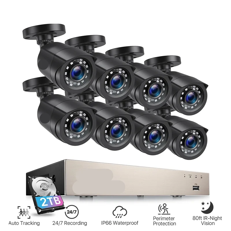 Beveiligingscamerasysteem - CCTV Camerasysteem - 265+ 5MP Lite DVR - 8-Kanaals - Openlucht- IP66 Waterdichte - Bewakingscamera - Beveiligingscamera - 1080p Camera – Nachtzicht – Complete Video Surveillance Kit - Zonder Harde Schijf - 8 Stuks - Zwart