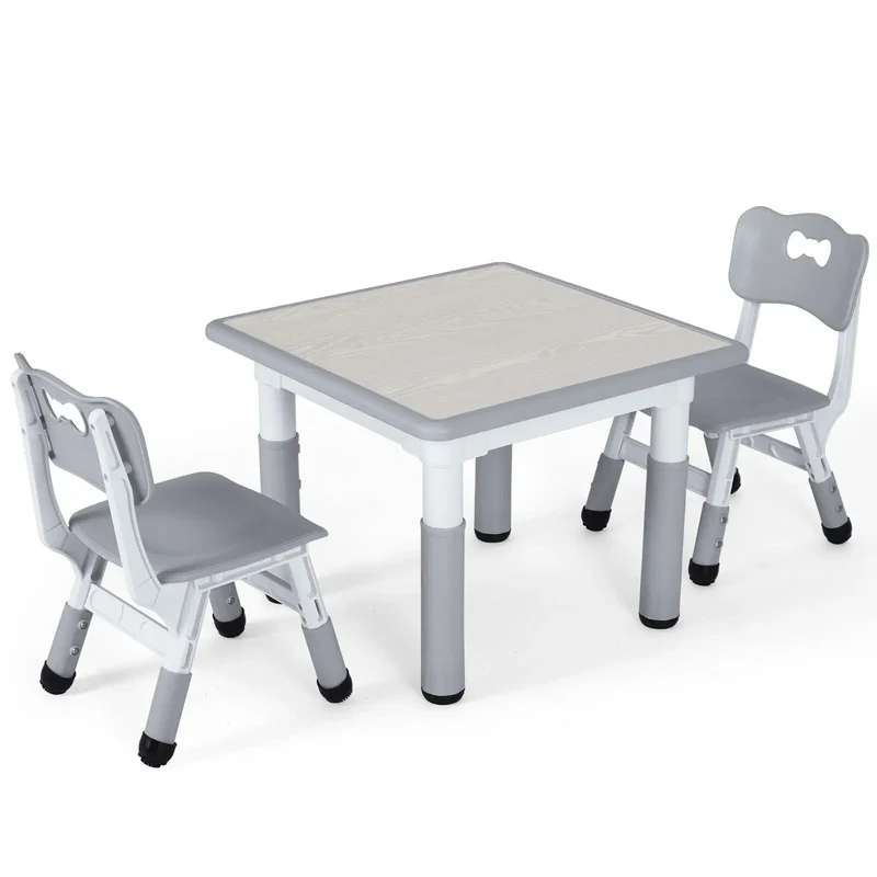 Kindertafel en Stoeltjes - Kindertafel - Kleuterstoel - Kinderstoeltje - Tafel - Verstelbare Hoogte – 1 Tafel + 2 Stoelen – Voor Kinderen van 3 tot 8 Jaar – Studie & Speelmeubilair - Lichtgrijs