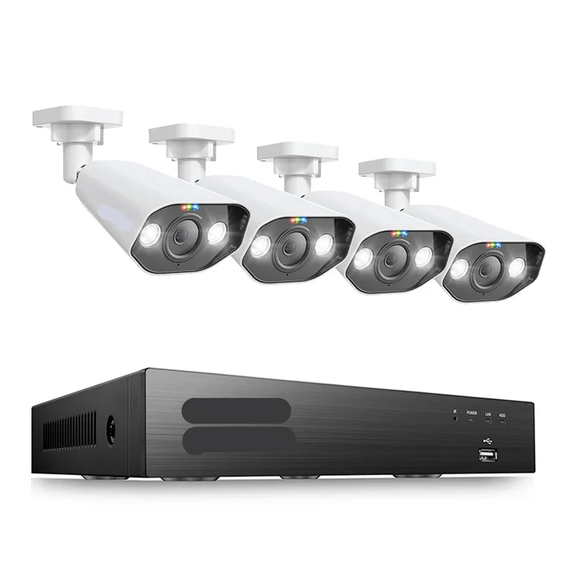 Beveiligingscamerasysteem - CCTV Camerasysteem - 5MP - 8-Kanaals 4K Ultra HD - Openlucht - IP66 Waterdichte - Bewakingscamera - Beveiligingscamera - PoE NVR Kit met Spotlight en Sirene - met IP-Videobewaking - 2TB HDD - 4 Stuks - Wit