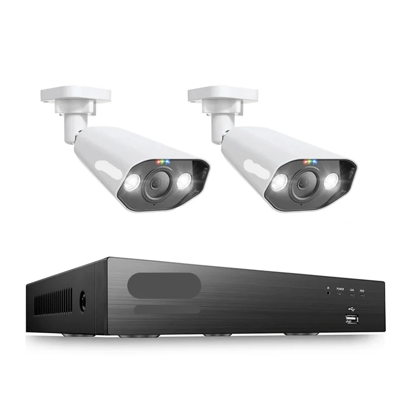 Beveiligingscamerasysteem - CCTV Camerasysteem - 8MP - 8-Kanaals 4K Ultra HD - Openlucht- IP66 Waterdichte - Bewakingscamera - Beveiligingscamera - PoE NVR Kit met Spotlight en Sirene - met IP-Videobewaking - Zonder HDD - 2 Stuks - Wit