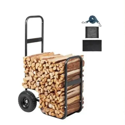 Brandhoutwagen - Kar - Steekwagen - Houtkar op Wielen voor Binnen en Buiten - Houtopslagwagen van Staal voor Openhaard of Vuurkorf – Sterke Houtdrager met Handgreep - 100kg - Zwart