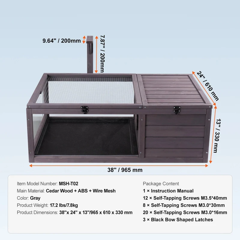 Houten - Verblijf - Terrarium Hout - Groot 3-Kamers - 112 x 65 x 61 cm - voor Schildpadden - met Transparant Dak, Geschikt voor Binnen en Buiten