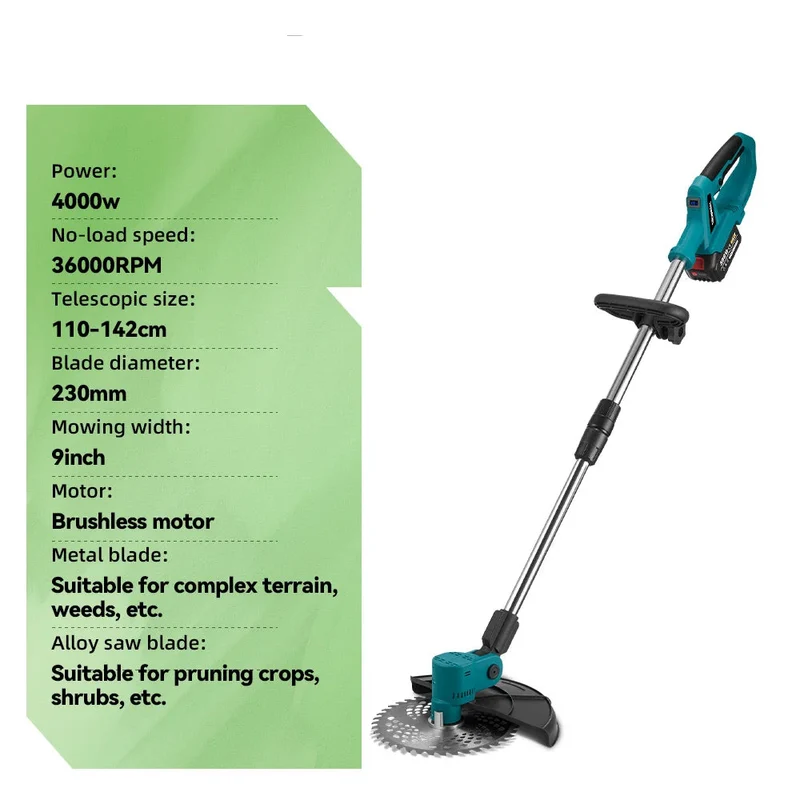 Handmaaier - Grasmaaier - Grastrimmer - Grasschaar - Grasmachine - 4000W - 9 Inch - Elektrische/Accu - Borstelloze Grastrimmer met Digitaal Display – Krachtige Accu Tuinmaaier - 21V/18V Compatibel - Zonder Batterij