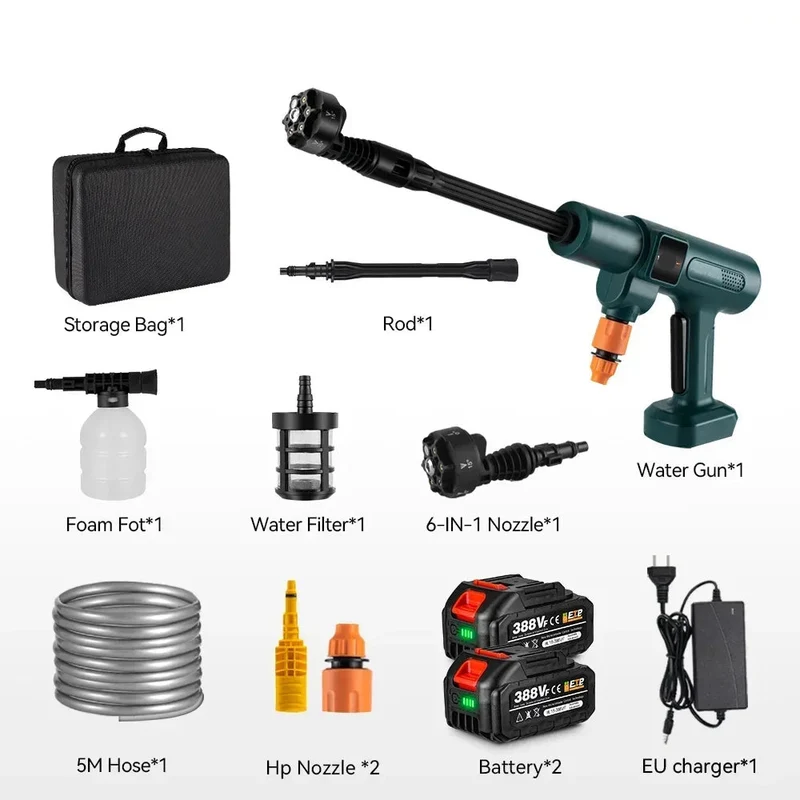 Hogedrukreiniger - Terrasreiniger - Waterpistool - Draadloze - Elektrische - 3500W - 200 Bar - 6-in-1 Spuitmond - Pressure Washer - Borstelloze - voor Auto en Tuin – Compatibel met 18V/21V Batterijen - inclusief 2 Accu