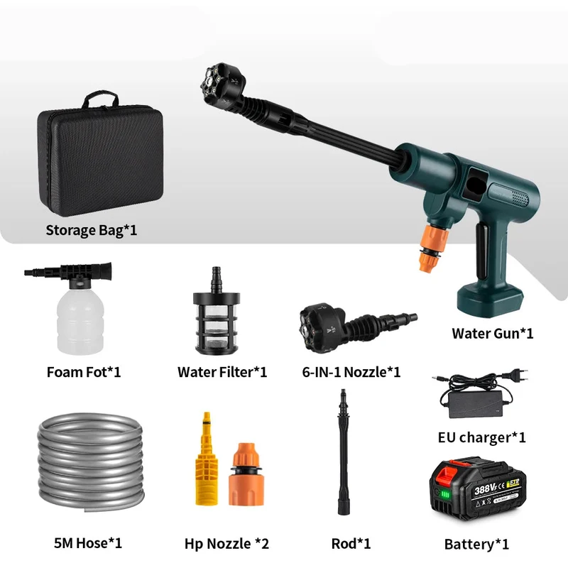 Hogedrukreiniger - Terrasreiniger - Waterpistool - Draadloze - Elektrische - 3500W - 200 Bar - 6-in-1 Spuitmond - Pressure Washer - Borstelloze - voor Auto en Tuin – Instelbare Snelheid - Compatibel met 18V/21V Batterijen - inclusief 1 Accu