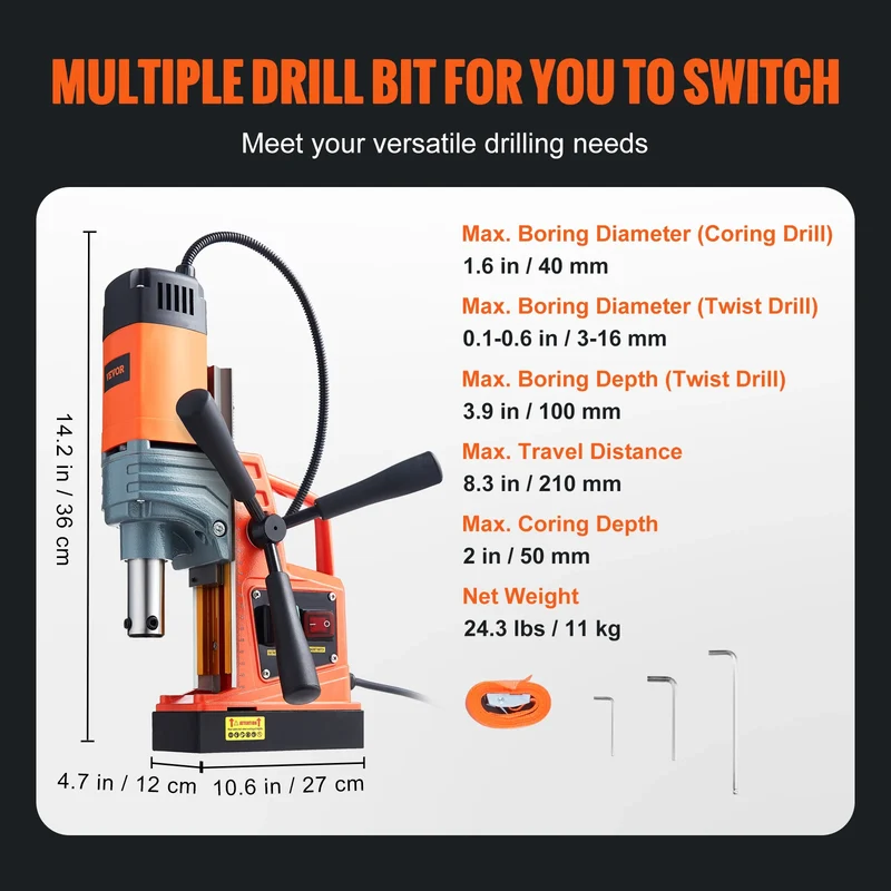 VEVOR 1300W 1400W 2" Electric Drilling Machine Magnetic Drill Press Boring Diameter Power Drill 810 PRM 1-second Release Drill