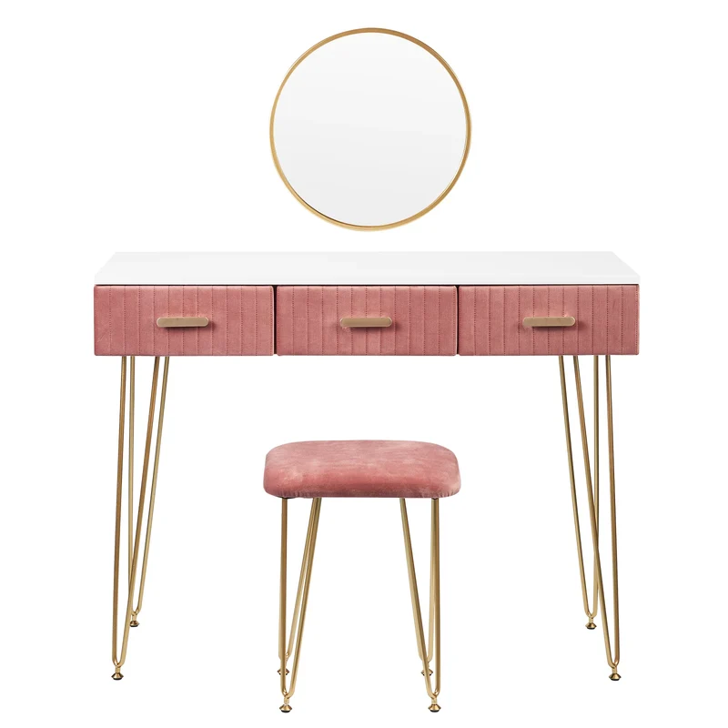 Luxe Kaptafel met Spiegel en Krukje - Moderne Dressoir - Wit / Roze - 3 Lades - 100 x 40 x 77 cm - Make Up Tafel