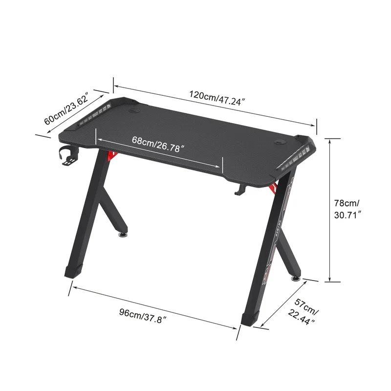 Gaming Bureau - met RGB LED Verlichting - Gaming Tafel - Gaming Desk - Computer Tafel - Computer Bureau - 120x60x78cm - Metaal & Carbon MDF - Zwart
