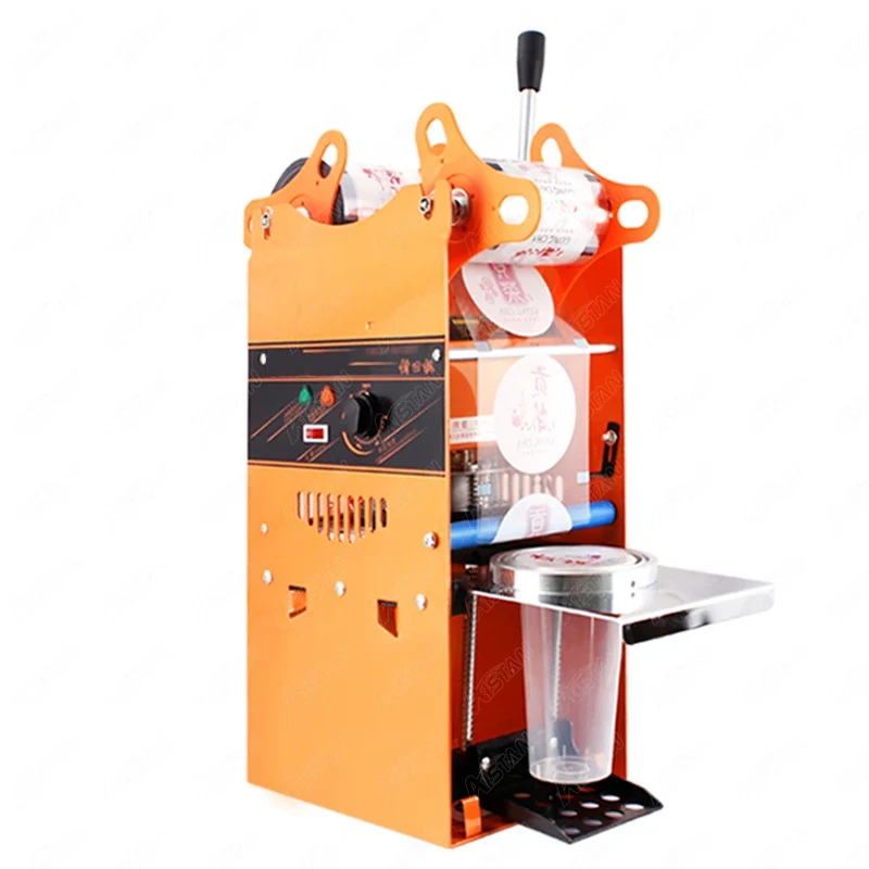Handmatige Bekersluitmachine - Koolstofstaal en ABS - Maximum 500 Kop/Uur - Voor Drankrestaurants - Drankenfabrieken en Melktheewinkels - 27x27x65 - 220V - Oranje