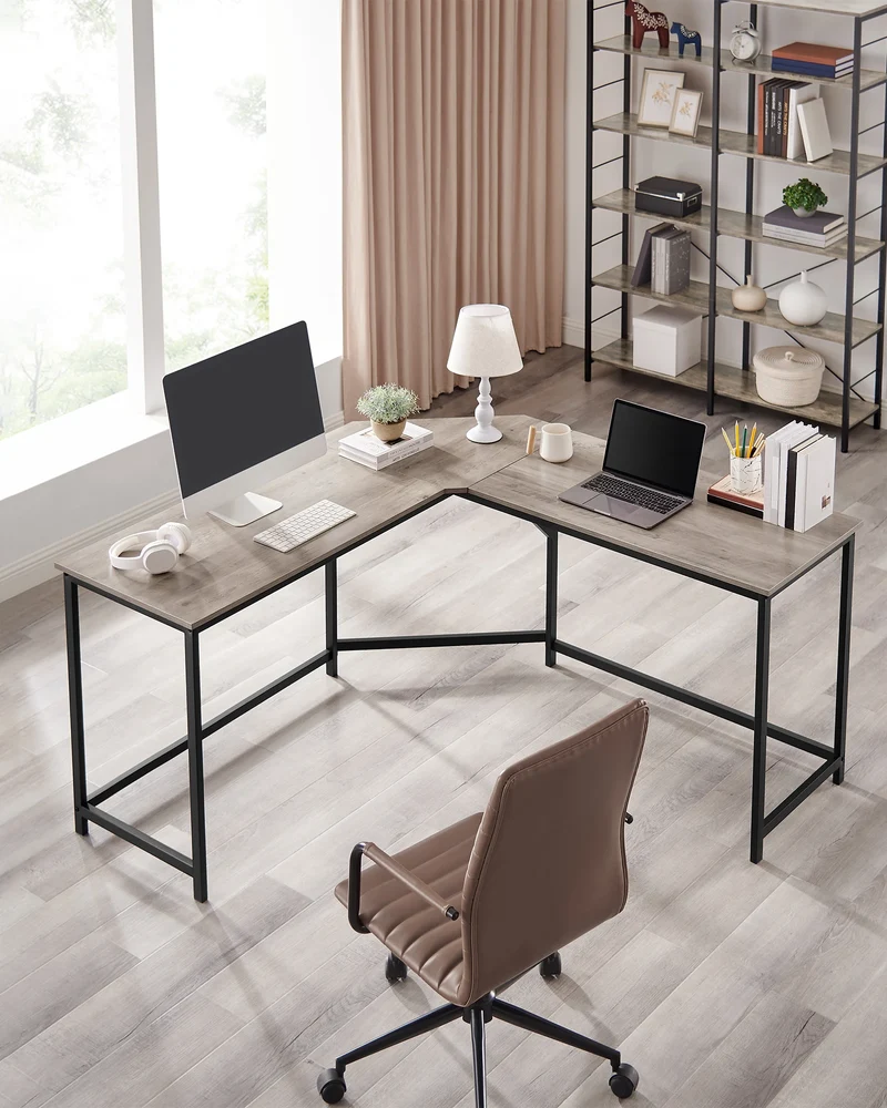 Computer Bureau - L-Vorm - Hoekbureau - Gaming Tafel - Computer Tafel - 149x149x75cm - Stabiel Bureau - Verstelbare Poten - 2 Open Planken - Donker Kaki