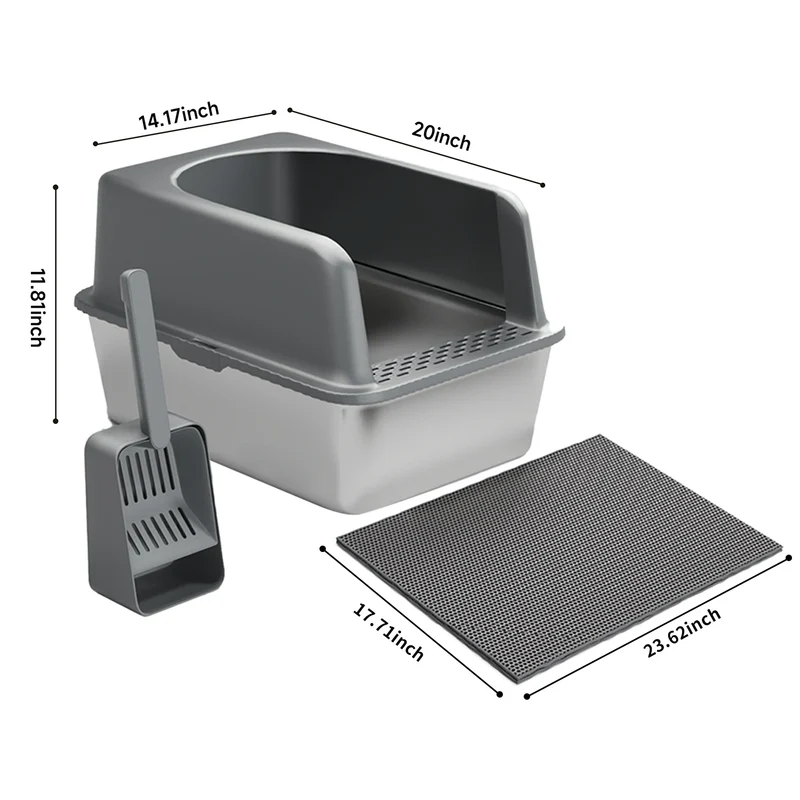 RVS Kattenbak - Kattentoilet Roestvrijstaal - Kattenbak - Open kattenbak - Geurvrij - met Kattenbakschep en Zandpad - 51x36x30cm - voor Katten - Grijs