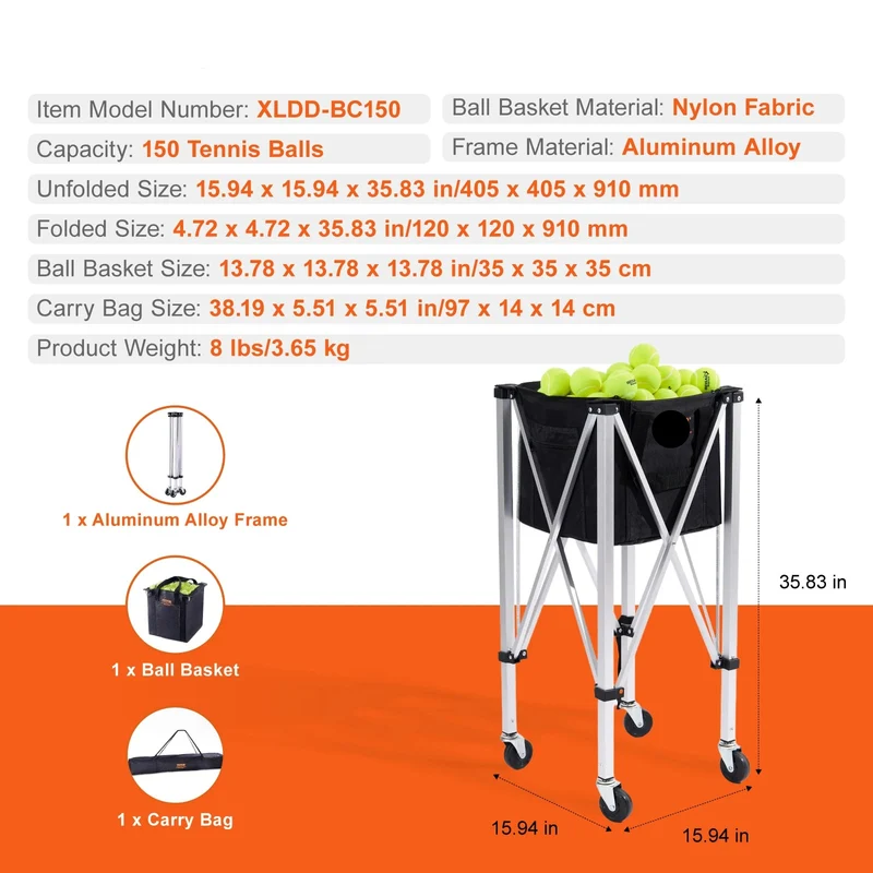 Opvouwbare Tennisbalwagen - Tennisbalkar - Ballenwagen - Ballenkar - met Wielen - en Remmen - 150 Capaciteit - Aluminium Frame