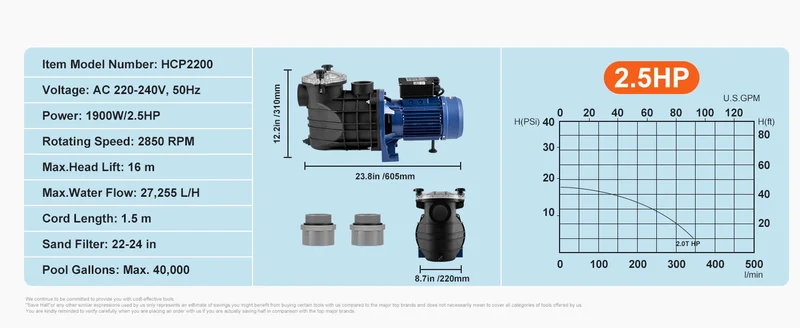 Zwembadpomp - 2,5 Pk 120 GPM - Maximale Doorstroming - 220V - Filtermand - 2850RPM - voor Bovengrondse Zwembaden - Hot Tubs - Spa'S - Max. 40.000L