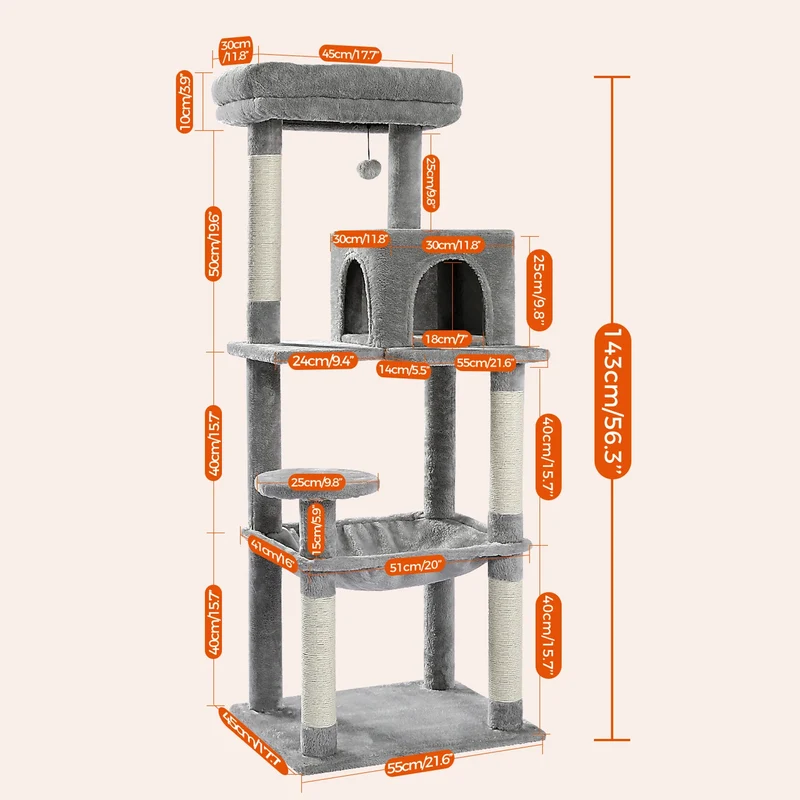 Krabpaal - Kattenboom - Katten Klimmuur - Sisal Krabpalen - Arbre a Chat - Hangmat - Kattenhuisje - 45x55x143cm - Grijs