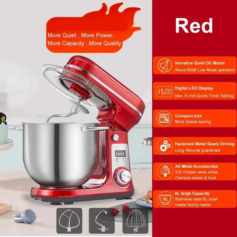 Keukenmixer - Keukenmachine - Foodprocessor - Keukenrobot - LED Display - 6 Snelheden - 1200W - Stil DC-Motor - Elektrische Foodmixer - Rood