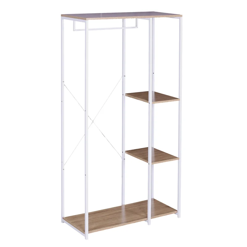 Kledingrek - Loftstijl - Kledingmeubel - Slaapkamer - Halkast - Schoenen Opbergen - Industrial style - Wardrobe - Luxe Rek Voor Kleding - Jassen ophangen - Hout Staal Kledingrek - Wit en licht eiken