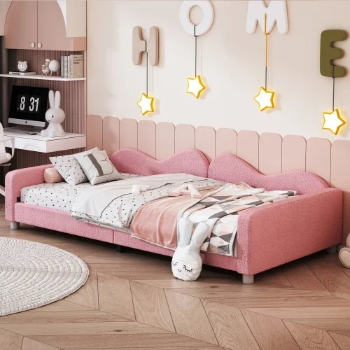 Kinderbedkussen Bed - Slaapbank Frame - Teddy Doek Multifunctionele - Rugleuning Armleuning Zacht Bed - Eugdbed Gastenbed - 90*200 cm - 01 Roze