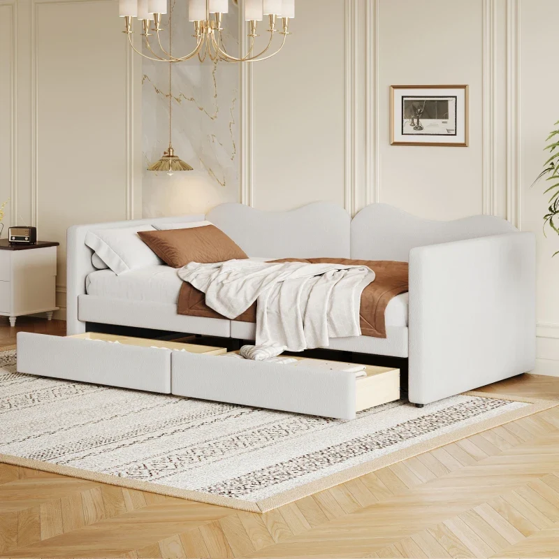 Kinderbed - Slaapbank met 2-laden - Teddybeerbedframe - Multifunctioneel Zacht - Bed Met Rugleuning en Armleuningen - 90*200 cm -Wi t- (Ween matras)