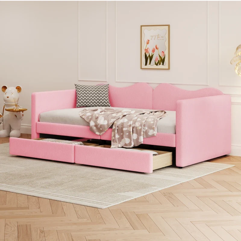 Kinderbed - Slaapbank met 2-laden - Teddybeerbedframe - Multifunctioneel Zacht - Bed Met Rugleuning en Armleuningen - 90*200 cm - Roze Jeugdbed - (Ween matras)