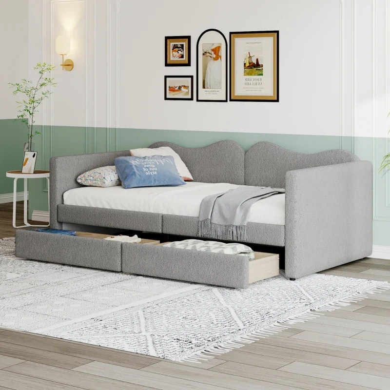 Kinderbed - Slaapbank met 2-laden - Teddybeerbedframe - Multifunctioneel Zacht - Bed Met Rugleuning en Armleuningen - 90*200 cm -Grijs - (Ween matras)