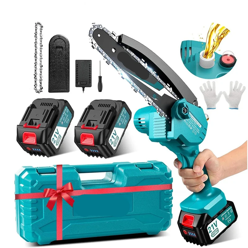 Mini Kettingzaag - Handzaag - Snoeizaag - Kettingzaag - 6 Inch - Draagbaar - Draadloos - 800W - Compacte Kettingzaag - voor Tuin - Houtbewerking - 2 Accu’s