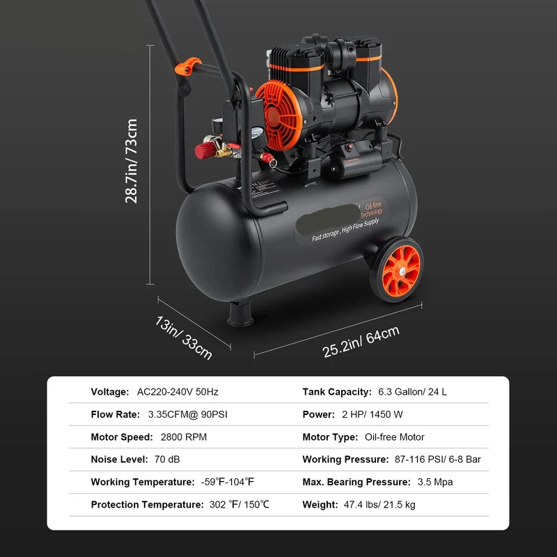 Luchtcompressor - Stille Compressor - Luchtpomp - Olievrije Draagbare Compressor - 24L - 1450W - voor Banden, Klussen en Hobbygebruik - Bandenpomp