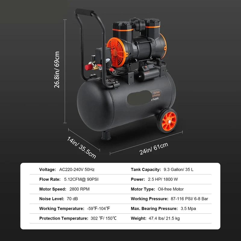 Luchtcompressor - Stille Compressor - Luchtpomp - Olievrije Draagbare Compressor - 35L - 1800W - voor Werkplaats, Auto en Thuisgebruik - Bandenpomp