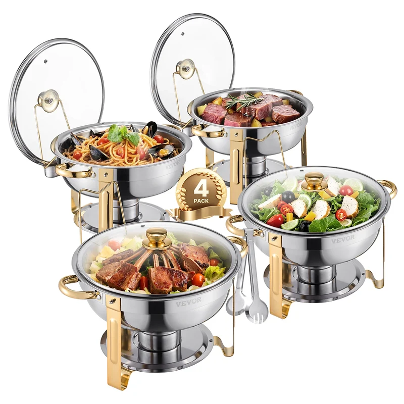 Chafing Dish - Warmhoudplaat - Buffetwarmer Set - Rechaud - Buffet Warmhoudpannen - met Glazen Deksel - voor Feesten & Banketten - Set van 4 - Goud
