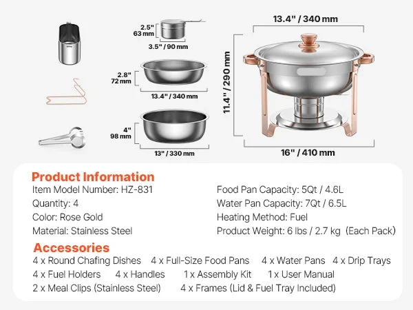 Chafing Dish - Warmhoudplaat - Buffetwarmer Set - Rechaud - RVS - Volformaat Buffet Warmhoudpannen - voor Feesten & Banketten - Set van 4 - Roségoud