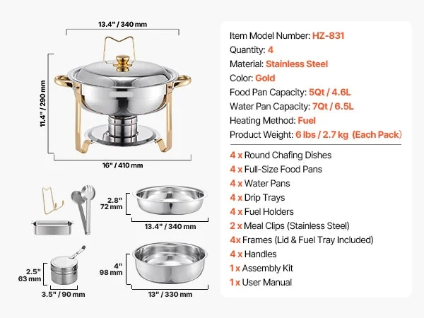 Chafing Dish - Warmhoudplaat - Buffetwarmer Set - Rechaud - RVS - Volformaat Buffet Warmhoudpannen - voor Feesten & Banketten - Set van 4 - Goud
