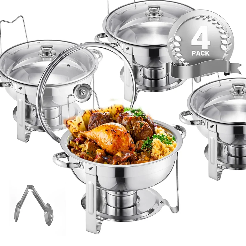 Chafing Dish - Warmhoudplaat - Buffetwarmer Set - Rechaud - Buffet Warmhoudpannen - met Glazen Deksel - voor Feesten & Banketten - Set van 4 - Zilver