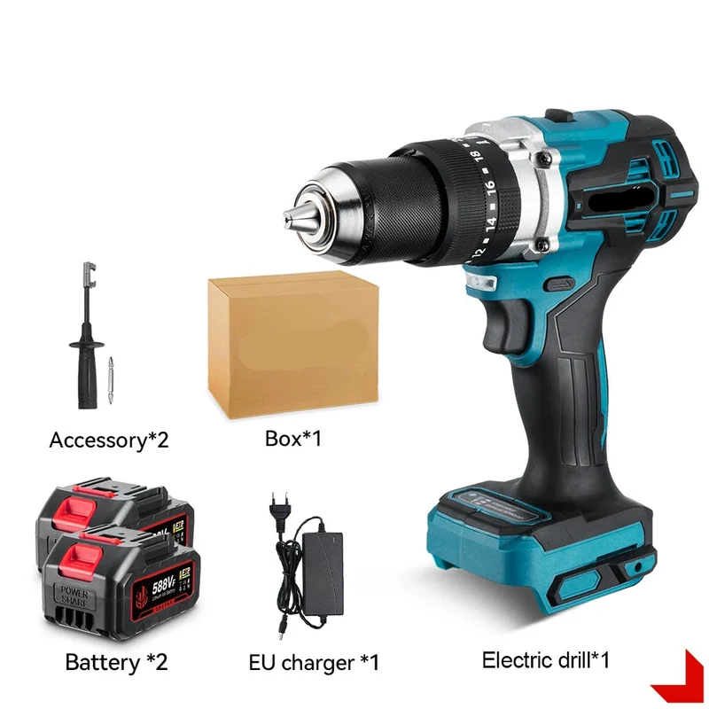 Boormachine - Klopboormachine - Elektrische - Accuboormachine - 650NM - 13MM - Borstelloze - Krachtige Schroefboormachine - met 2 Batterijen en EU Stekker