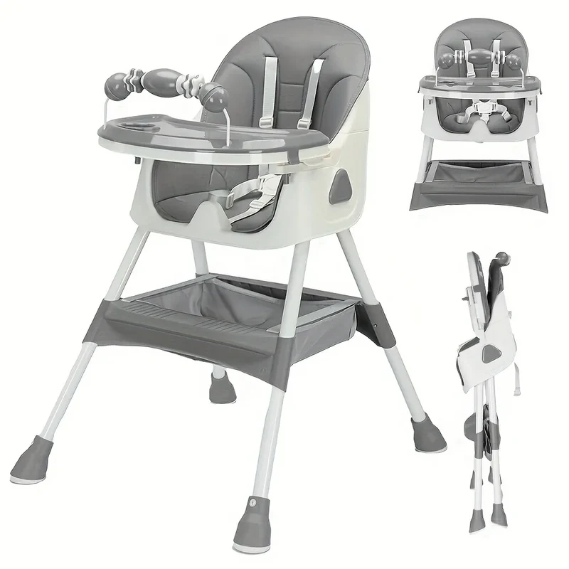 Opvouwbare Kinderstoel - Met Grote Antislipmat en Speelgoedrek - 6 Maanden plus - Grijs