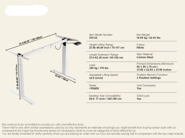 Bureauframe - Koudgewalst Koolstofstaal - Elektrisch Bureauframe - Compatibel Desktopformaat 100-180 cm - Verstelbaar 70-117 cm Hoogte en 95-158 cm - Silvier A1