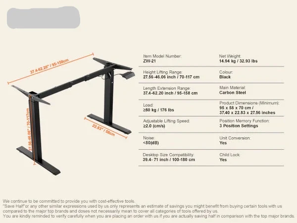 Bureauframe - Koudgewalst Koolstofstaal - Elektrisch Bureauframe - Compatibel Desktopformaat 100-180 cm - Verstelbaar 70-117 cm Hoogte en 95-158 cm - Zwart A