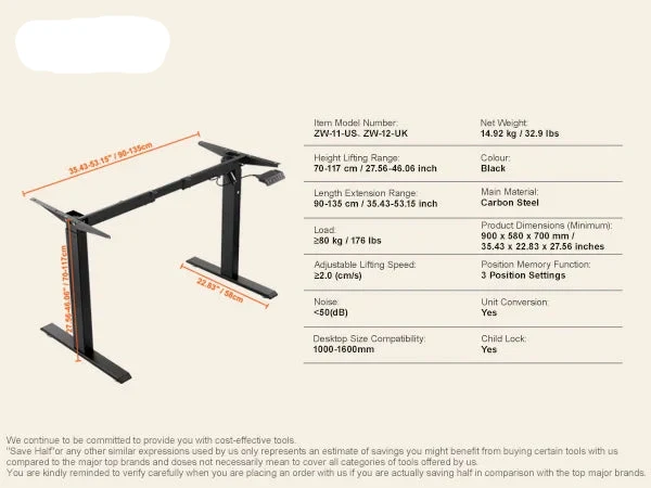 Bureauframe - Koudgewalst Koolstofstaal - Elektrisch Bureauframe - Compatibel Desktopformaat 100-180 cm - Verstelbaar 70-117 cm Hoogte en 95-158 cm - Zwart B