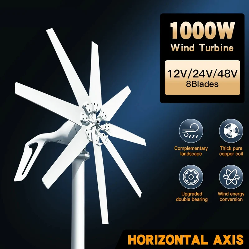 Windturbine - Windmolen - Windturbine Generator - Windenergie - 1000W - 12V -Horizontale - Laag Geluid & MPPT Controller voor Duurzame Energieopwekking