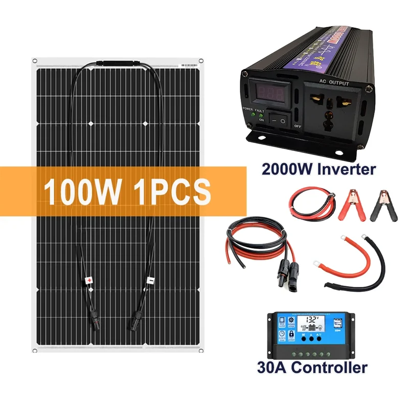 Zonnepanelen - Monokristallijne Zonnepaneel Kit - Flexibel - Zonne Energie - 100W - met Omvormer - Waterdichte - voor Camping, RV & Thuisgebruik, 12V Opladen met Batterij