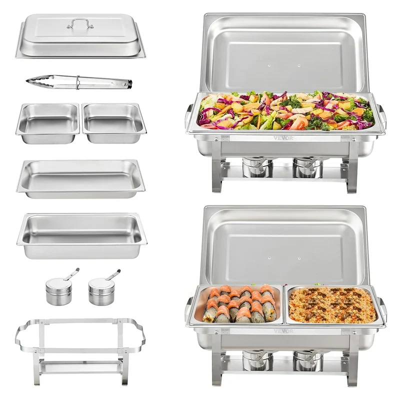 Chafing Dish - Warmhoudplaat - Buffetwarmer Set - Rechaud - Rechthoekige RVS Warmhoudschalen - 2 Stuks - 8QT - met Opvouwbaar Onderstel en Brandstofhouders - Zilver