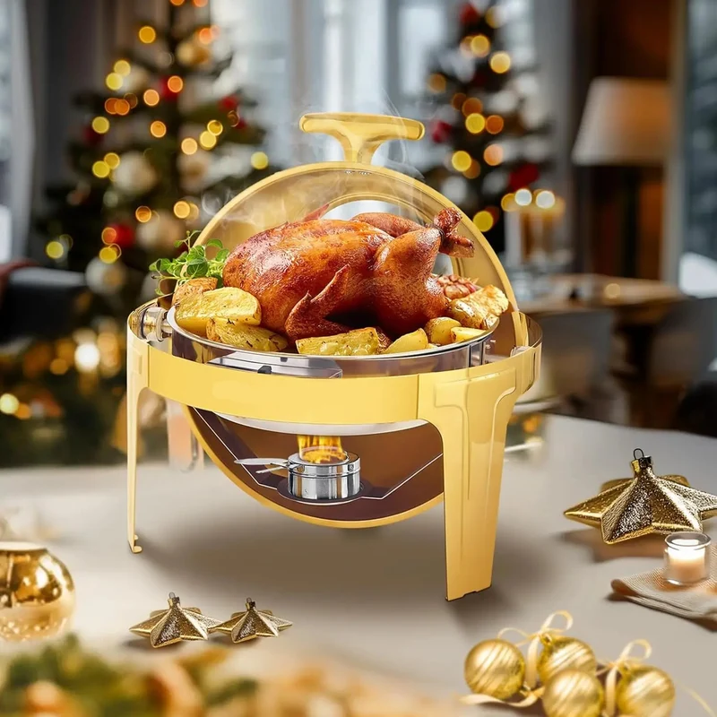 Chafing Dish - Warmhoudplaat - Buffetwarmer Set - Rechaud - Ronde RVS Warmer - 1 Stuks - 6QT - met Stevig Frame voor Feest en Bruiloft - Goud