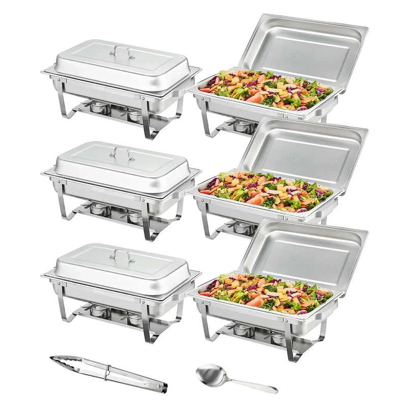 Chafing Dish - Warmhoudplaat - Buffetwarmer Set - Rechaud - Rechthoekige RVS Warmhoudschalen - 6 Stuks - 8QT - met Opvouwbaar Onderstel en Brandstofhouders - Zilver
