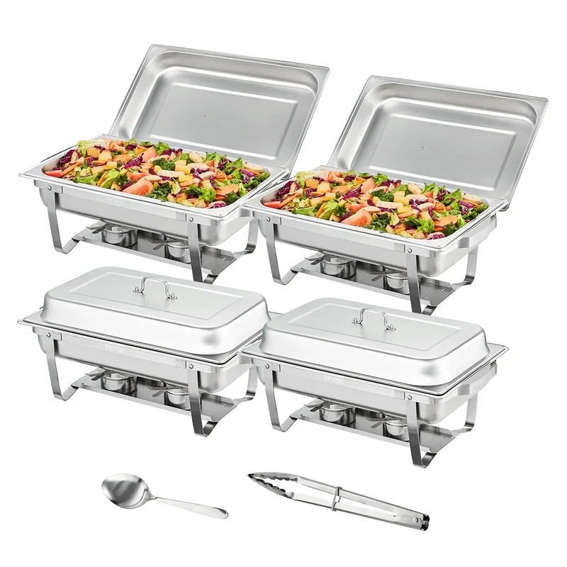 Chafing Dish - Warmhoudplaat - Buffetwarmer Set - Rechaud - Rechthoekige RVS Warmhoudschalen - 4 Stuks - 8QT - met Opvouwbaar Onderstel en Brandstofhouders - Zilver