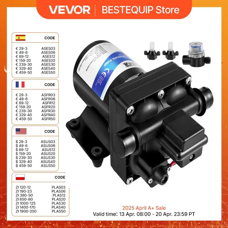VEVOR Fresh Water Pump 3 GPM with Pressure Switch 45 PSI Detachable Strainer 12V Diaphragm Pump for RV Camper Marine Boat Lawn