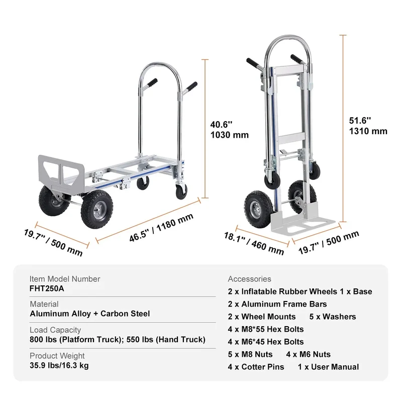 Steekwagen - Transportkar - Transportwagen - Magazijnwagen - Platformwagen - 2 in 1 - Opvouwbare - Aluminium - 360 kg Capaciteit - Heavy-Duty Trolley voor Magazijn, Supermarkt en Tuin - Steekkar